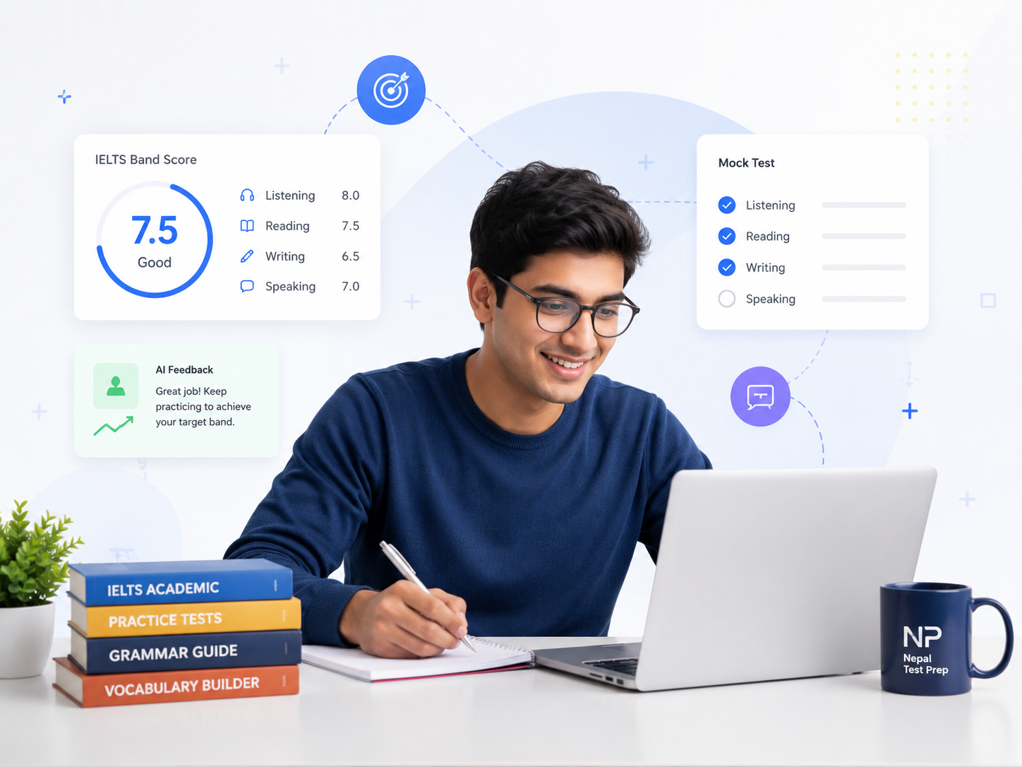 Student studying with headphones and laptop